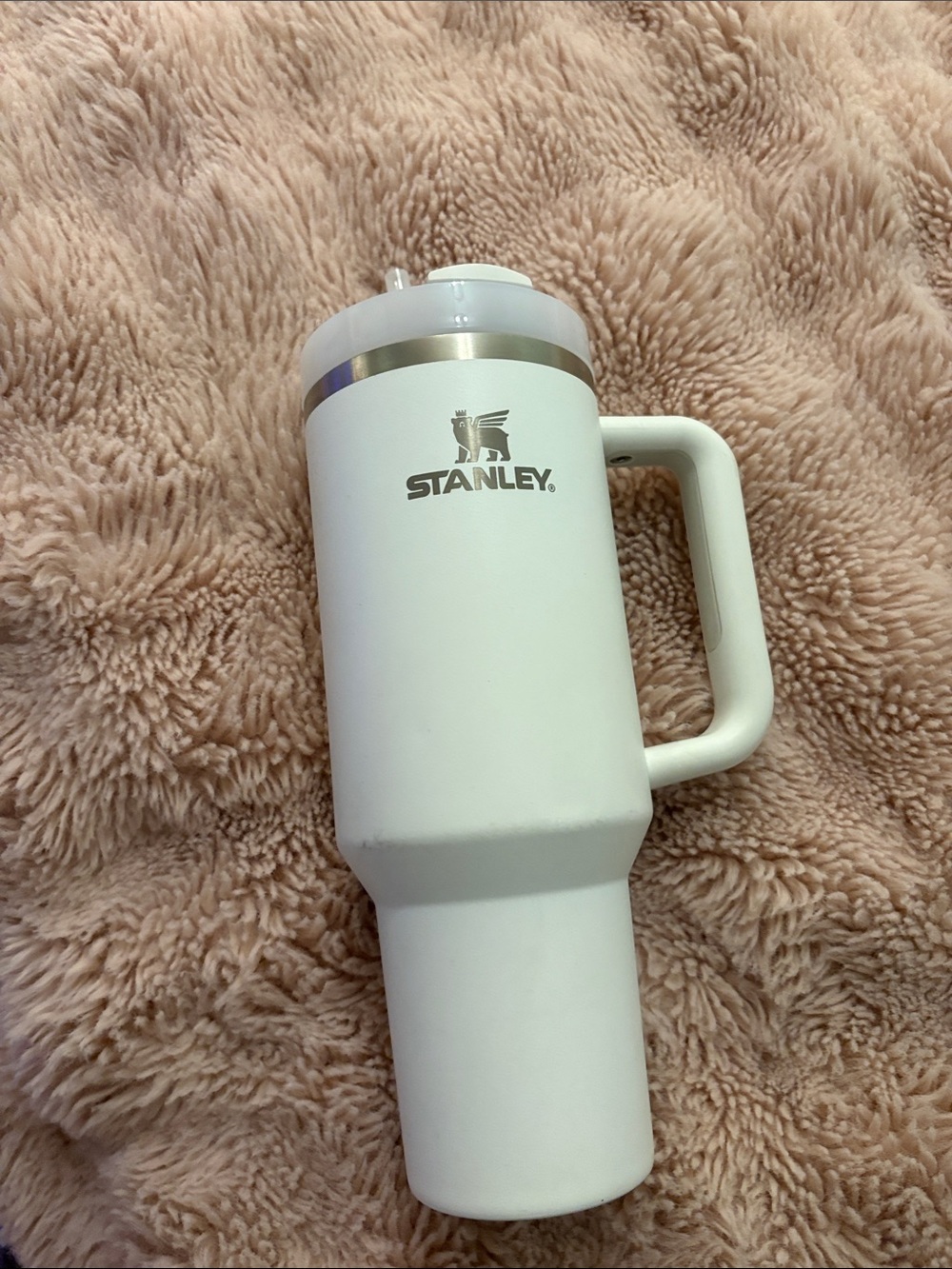Stanley White Travel Tumbler with Handle and Silver Accent